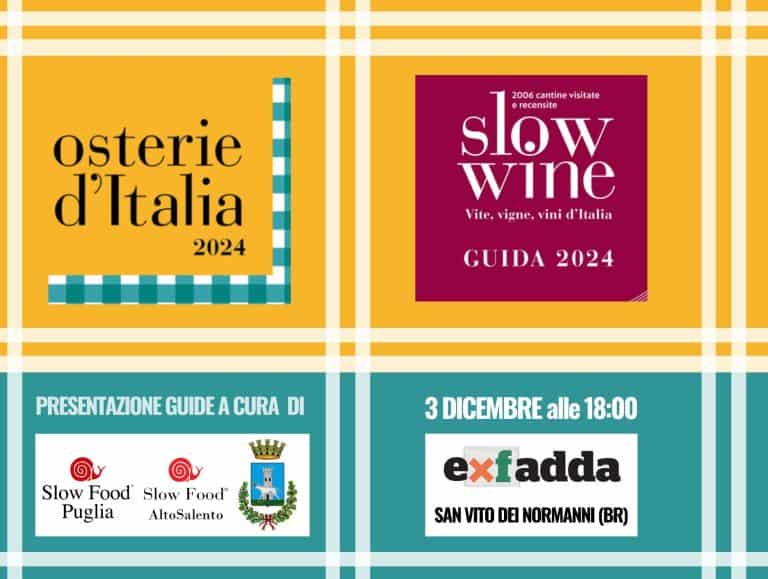 Osterie d’Italia e Slow Wine, a San Vito dei Normanni la presentazione delle guide Slow Food Editore